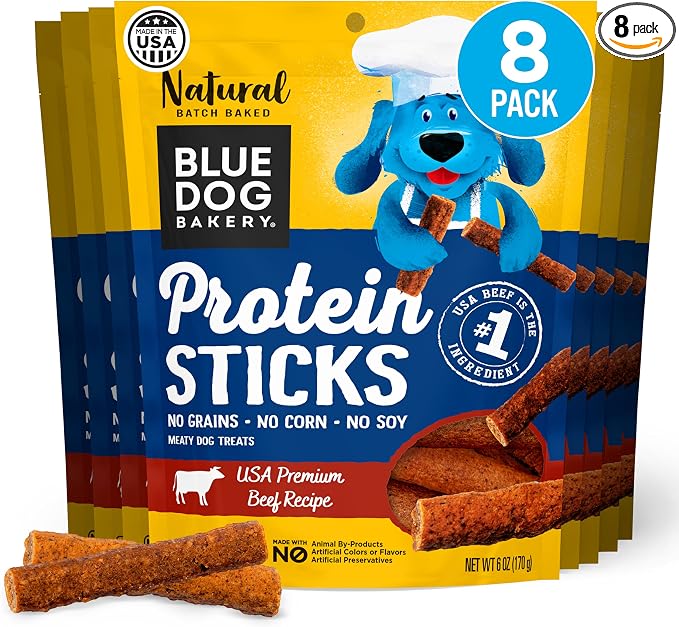 Blue Dog Bakery Protein Jerky Meat Sticks, Made w/ USA Beef #1 Ingredient, Healthy Dog Treats, All Natural, 6 oz (Pack of 8)