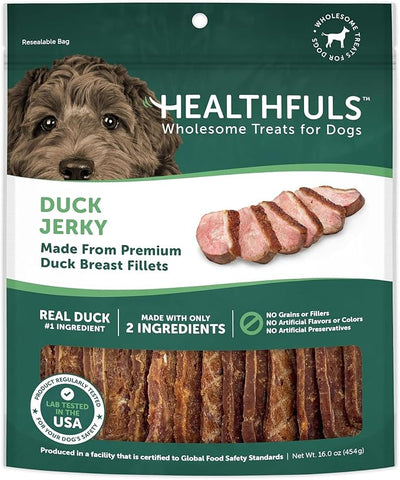 Healthfuls Duck Jerky Healthy Dog Treats – Grain Free, Real Duck Breast Fillets, No Fillers or Artificial Ingredients, All Life Stages – 16 ounces