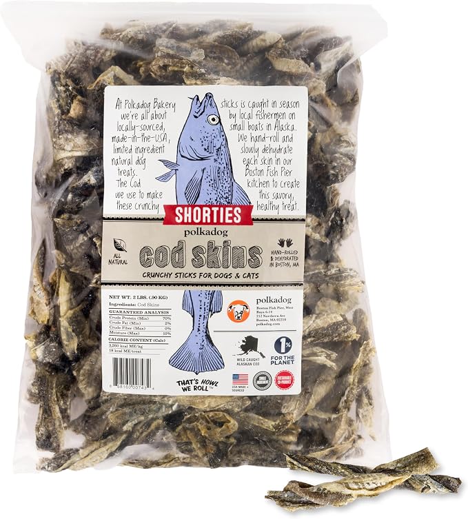 Cod Skins for Dogs (2lb Shortie) - Single Ingredient, Wild-Caught Fish Skin Natural Dog Treat Chews. High in Lean Protein & Omega 3. Hypoallergenic, Grain Free. Handcrafted & Made in USA