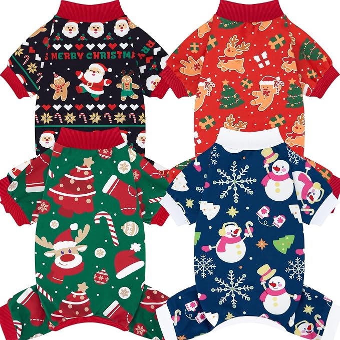 XPUDAC 4 Pack Christmas Dog Pajamas Comfy Dog Clothes for Small Medium Dogs Girl Boy Holiday Pet Outfit Winter Puppy Jumpsuits Pet Pjs Apparel, XS