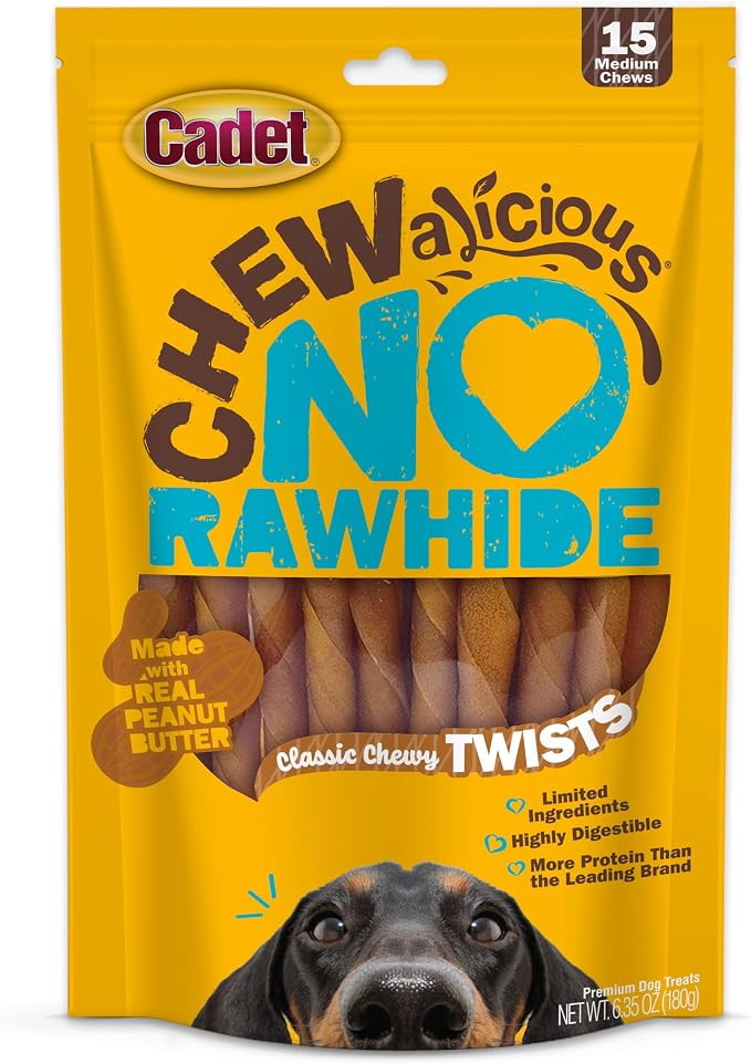Chewalicious Classic Chewy Twists with Real Peanut Butter, Rawhide-Free Healthy Dog Chews, Limited-Ingredient & Long-Lasting Chew Treats for Dogs, Peanut Butter Flavor, 15 Count