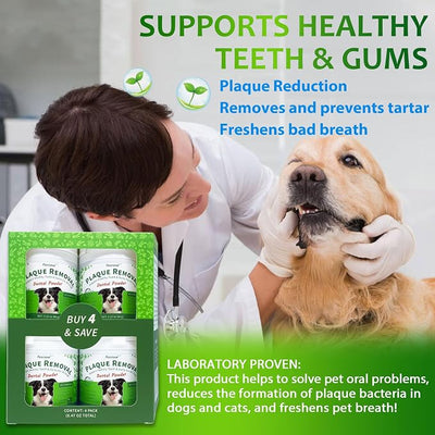 Petstoral Multi-Pack Natural Dog Dental Powder, Dog Dental Care - Plaque Remover and Bad Breath Treatment, Healthy Gums & Fresh Breath for All Dogs and Cats (4-Pack)