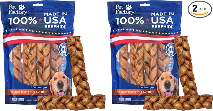 7in Braided Beefhide Dog Chew Sticks with Peanut Butter Flavor - 100% USA Made Rawhide Chews for Medium Dogs,Long Lasting Dental Health,7 inches,6 Count (Pack of 2)