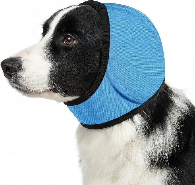 No Flap Ear Wraps for Dogs, Dog Ear Muffs Noise Protection & Anxiety Relief, Quiet Ears Cover Headband Waterproof Ear Protector for Fireworks Grooming Swimming Bathing, Blue S