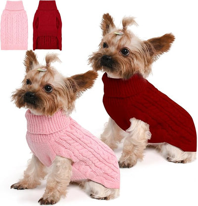 Dog Sweater 2 Pack for Small Dogs, Size XS, Pink & Red | Stretchy cable knit turtleneck, machine washable, high belly cut, comfy winter fit for Chihuahua, Yorkie