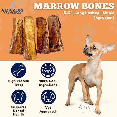 Amazing Dog Treats - 5-6 Inch Meaty Beef Marrow Bones (2 Count) - Long Lasting Dog Chew Bones - Filled Marrow Dog Bone