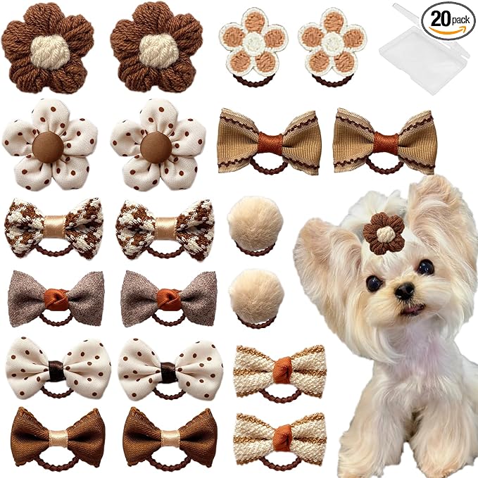 20 Pcs Small Dog Hair Bows with Rubber Bands Handmade Puppy Hair Bows Cute Grooming Flower Ball Bowknot Top Knot Dog Hair Accessories Hair Ties for Yorkie Maltese Pet (Brown)