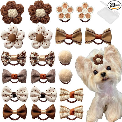 20 Pcs Small Dog Hair Bows with Rubber Bands Handmade Puppy Hair Bows Cute Grooming Flower Ball Bowknot Top Knot Dog Hair Accessories Hair Ties for Yorkie Maltese Pet (Brown)