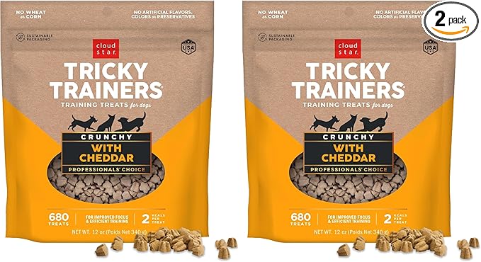 Tricky Trainers Crunchy Dog Training Treats 12 oz. Bag,Cheddar Flavor,Low-Calorie Behavior Aid with 680 Treats,(Pack of 2)