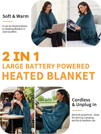 Electric Heated Blanket Battery Operated, Portable Heated Shawl for Neck and Shoulders and Back, Heating Blanket with Zipper, 20000mAh, 3 Heating Levels, up to 8 Hours