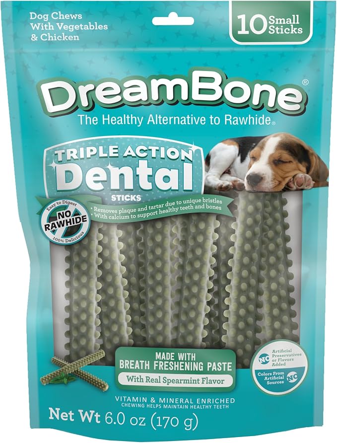 Dreambone Triple Action Dental Sticks Kelp, 10 Count, Rawhide-Free Chews for Small and Medium Sized Dogs Freshens Breath