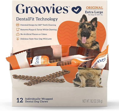 Groovies Dog Dental Treats, Flexible Yet Effective, Patented DentalFit Technology to Help Control Tartar & Freshen Breath, XLarge Dog Chews (50-100+ lbs), USA Manufactured Oral Care, 12 Count