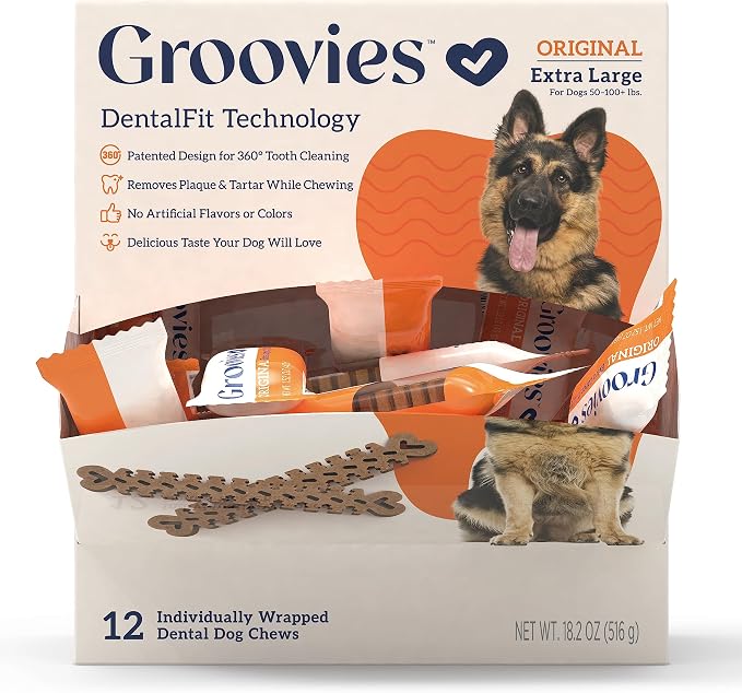 Groovies Dog Dental Treats, Flexible Yet Effective, Patented DentalFit Technology to Help Control Tartar & Freshen Breath, XLarge Dog Chews (50-100+ lbs), USA Manufactured Oral Care, 12 Count