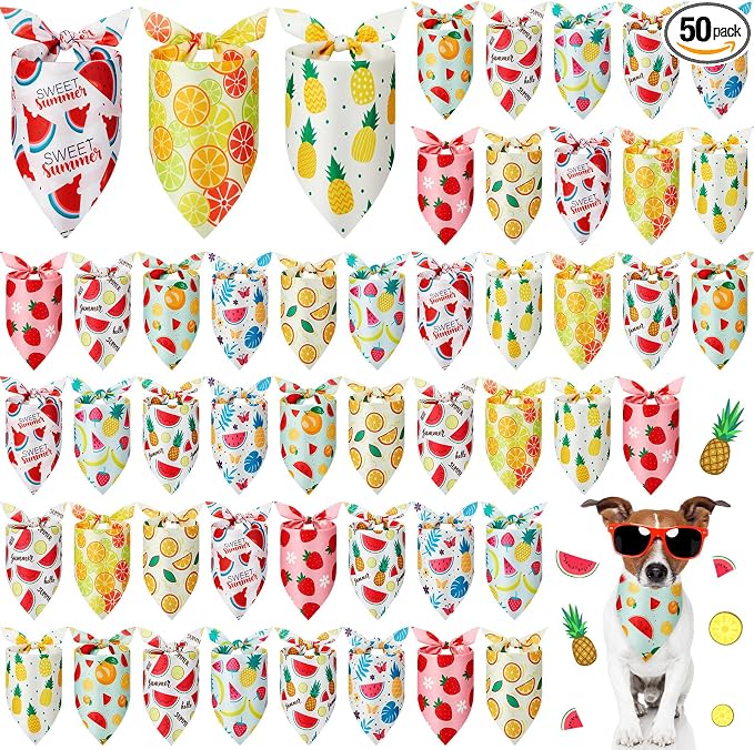 50 Pcs Fruit Dog Bandanas Bulk for Summer Soft Bibs Adjustable Triangle Pet Bandana for Small Medium Large Costume(Fruits Pattern, 31.5 x 21.7 X21.7 Inch)