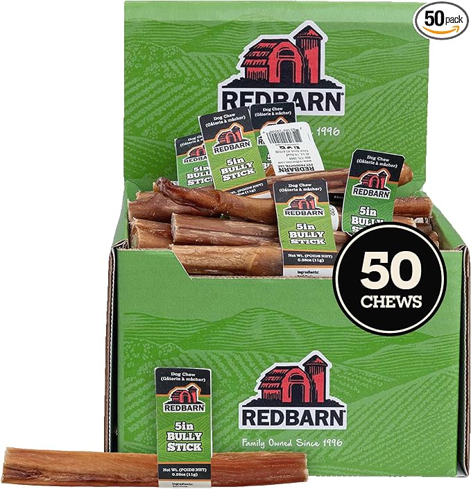 5 inch Bully Sticks 50-Count Pack - Long Lasting Natural Dog Chews for Large and Medium Dogs, Rawhide Free Dental Treats, All Natural Protein Rich Beef Bones