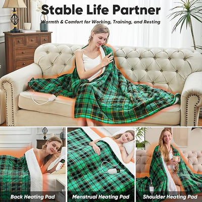 Heated Blanket Electric Throw 50X60 Heating Blanket with 10 Heating Levels 8 Hours Auto Off, Green Plaid Sherpa Blankets Winter Warmer, Home Decor for Couch Bed Office,Gifts for Mom, Women,Washable