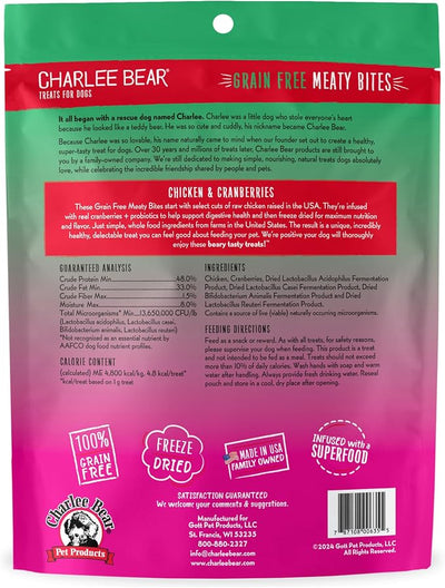 Charlee Bear Grain Free Freeze-Dried Dog Treats, Chicken & Cranberries, High Protein, Limited Ingredient Training Treats or Meal Topper, 2.25 oz, Made in USA