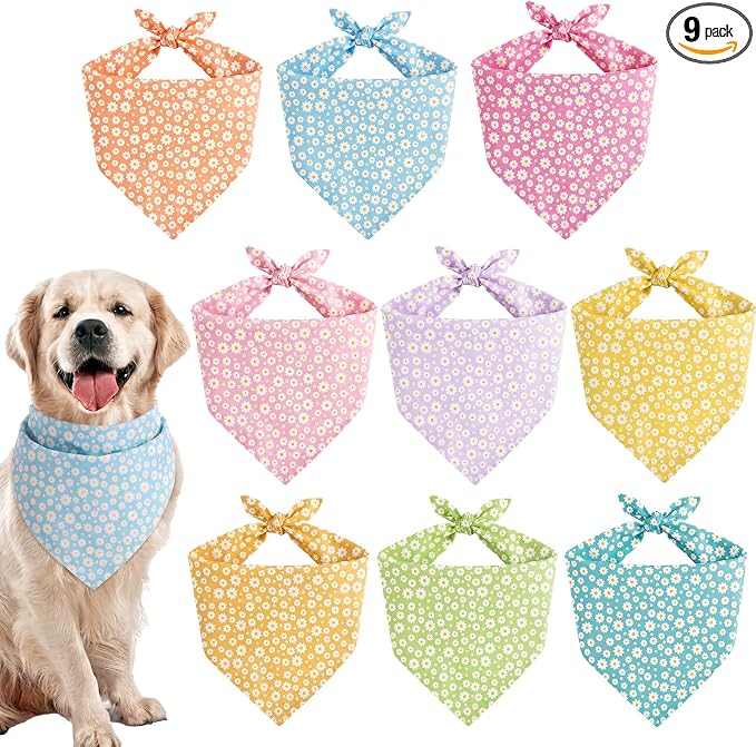 9 Pcs Summer Daisy Dog Bandanas Floral Birthday Handkerchief Scarf Adjustable Large Pet Washable Scarves for Large Dog Girls Boys