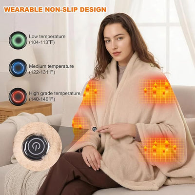 Heated Blanket Battery Operated with Fleece Lining 7.4V 16000mAh Battery 62" x 35" Heated Shawl Wraps for Women Men Cordless USB Outdoor Portable Electric Blanket 6 Heating Zones Khaki