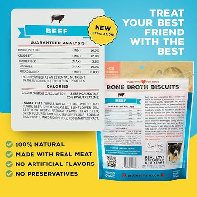 Brutus Bone Broth Biscuits for Dogs - Protein-Rich Dog Treats with Bone Broth and Real Beef - All Natural and Tasty - 8oz, Pack of 2, Beef Flavor