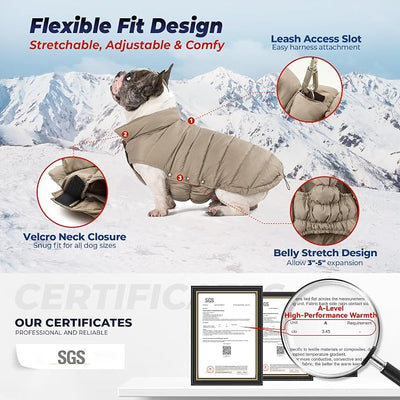 SPACE LION Dog Puffer Jacket, Down Winter Coat, Durable Outdoor Coat for Cold and Windy Conditions, Lightweight & Adjustable Fit Coats for Large Dogs, (Khaki, Size24/2XL)