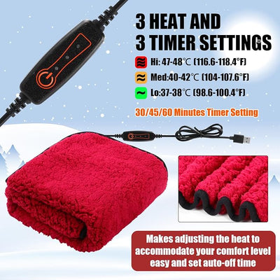 Tuanse 2 Pcs USB Heated Blanket 25"x 35" Heated Car Blanket 5V Portable USB Electric Throw 3 Heat Setting Electric Throw with Timer Temperature Controller for Car Winter Home Office(Red,Lambswool)
