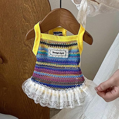Dog Sling Tank Top with Tulle Skirt, Colorful Striped Pet T-Shirt (Yellow, Large)