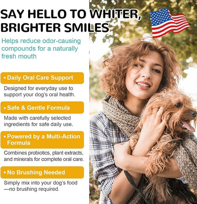 Dog Dental Powder - Teeth Cleaning Powder for Dogs Dental Care and Bad Breath Fresh, Plaque Reduce, Tartar Remover with Enzyme, Probiotics. PlaqueOff Pet Tooth Cleaning 120 Grams 60 Days Supply