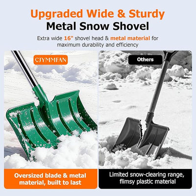64" Long Handle Snow Shovel, Heavy Duty Metal Snow Shoveling Tool with 16" Wide Blade, 32mm Wide Ergonomic Handle & Anti-Freeze Foam for Snow Removal from Driveway & Car, Mulch, Soil, Grain and Seed