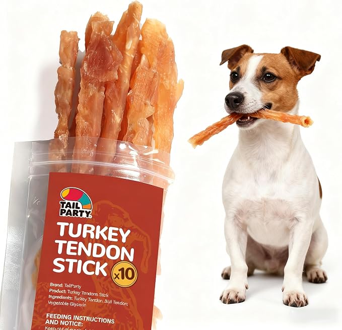 Turkey Tendons for Dogs (Strip, 4 oz), All Natural Dental Chews, Rawhide Alternative, Long-Lasting Training-Reward Treats for Health-Conscious Pet Owners(10/Pack)