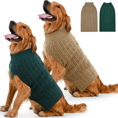 Dog Sweater 2 Pack for Large Dogs, Size XXL, Green & Brown | Stretchy cable knit turtleneck, machine washable, high belly cut, comfy winter fit for Golden Retriever, Labrador