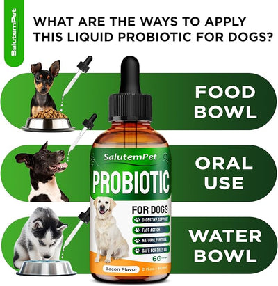 Probiotics for Dogs | Liquid Probiotics for Dogs and Puppies | Prebiotic & Digestive Enzymes | Gut Flora Support and Digestive Care | Bacon Taste | 2 Oz