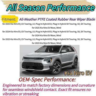 Rear Wiper Blade & Arm Replacement for Kia Niro & Niro EV 2023-2025 Fit for Hybrid EX Touring SX LX Wave Wind Models - All-Weather All Season Rear Back Windshield Wiper Blade Set for 2025 2024 2023
