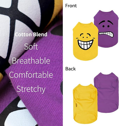 Fitwarm 2 Pack Happy Scary Expression Dog Shirt, Funny Clothes for Small Dogs Boy Girl, Pet Outfit, Yellow, Purple, Medium