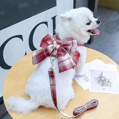 Plaid Dog Dress Bow Tie Harness Leash Set,Dog Clothes Harness Dress with Leash Ring for Small Dogs Girl, Puppy Princess Rabbit Clothes Chihuahua Yorkies Pet Outfits (Red, X-Small)