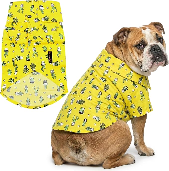 Cactus Dog Shirt - Cotton Clothes for Large Dogs - Stylish Tropical Yellow Dog Outfit - Lightweight and Soft Puppy Clothes - Trendy Tshirts for Dogs - Comfortable Summer Camp Pet Apparel