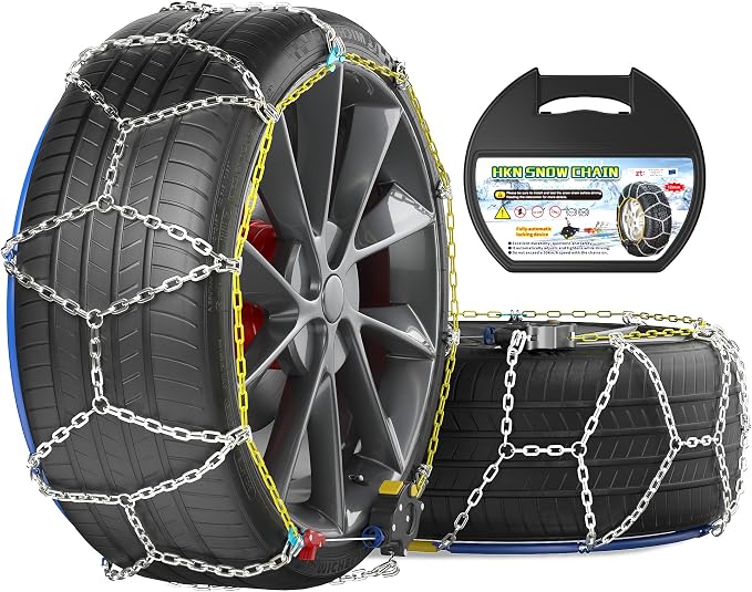 Snow Chains for Car Tires, 35s Quick Fit & Auto-Tightening, Universal Emergency Anti-Slip Tire Traction Chains for Cars, SUVs & Trucks, Reusable Portable Set of 2 (HKN-110)