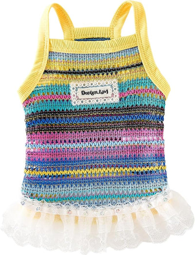 Dog Sling Tank Top with Tulle Skirt, Colorful Striped Pet T-Shirt (Yellow, XX-Large)
