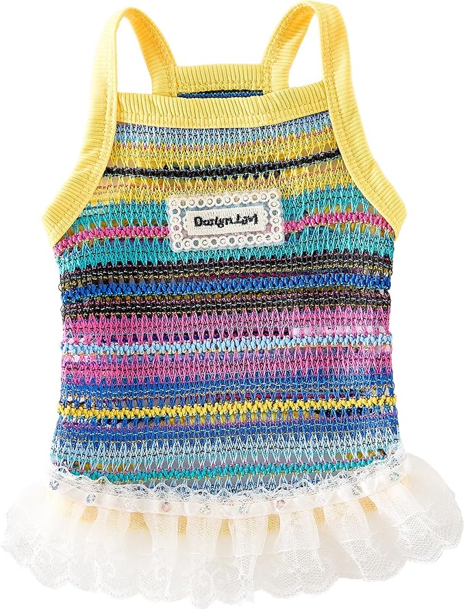 Dog Sling Tank Top with Tulle Skirt, Colorful Striped Pet T-Shirt (Yellow, X-Large)