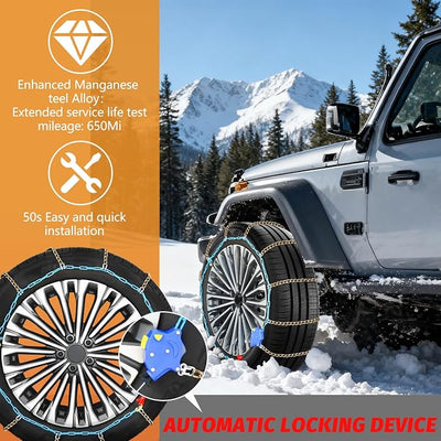 DEDC Auto Lock Snow Tire Chains,50s Quick Easy,Enhanced Manganese Steel Alloy,Endurance Life 650 Mi, Winter Icy and Snowy Road Tire Traction for Car and SUV 215 225 235 245 255 265 Set of 2 (LS1519)
