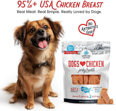 Farmland Traditions Dogs Love Chicken Jerky Dog Treats, Premium Two-Ingredient Dog Jerky with USA-Raised, Human-Grade Chicken & No Antibiotics Ever, 3 Pound (Pack of 1) Bag.