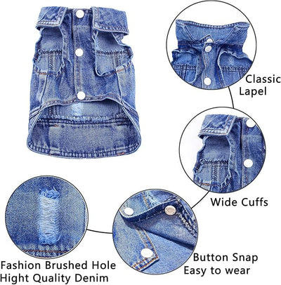 Dog Jean Jacket, Blue Denim Shirt Classic Lapel Vest Coat Costume Puppy T-Shirt, Comfort Tank Top Cool Apparel, Washed Pet Clothes for Dogs Boy Girl (Blue, X-Small)