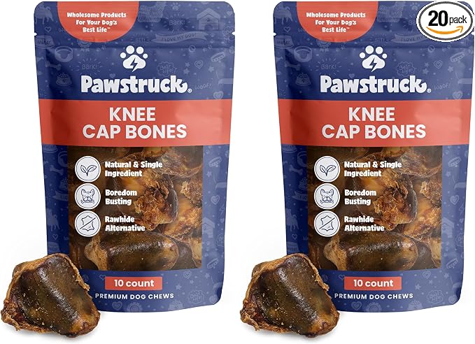 Natural Knee Cap Dog Bones - Treats for Aggressive Chewers, Low Fat & High Protein Chews, Beef Flavor, Long-Lasting Rawhide Alternatives - 20 Pack, Packaging May Vary