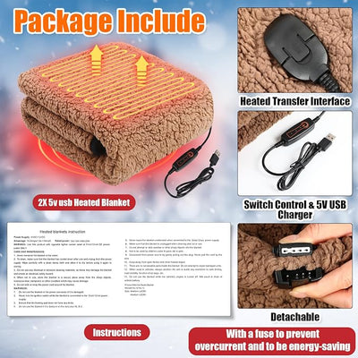 Tuanse 2 Pcs USB Heated Blanket 25"x 35" Heated Car Blanket 5V Portable USB Electric Throw 3 Heat Setting Electric Throw with Timer Temperature Controller for Car Winter Home Office(Khaki,Lambswool)