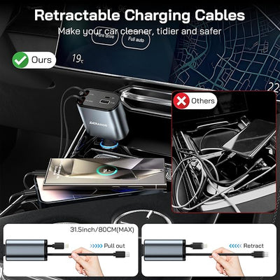 [2 Pack] Retractable Car Charger 4 in 1 Fast Car Phone Charger 69W, USB C Car Truck Accessories Adapter with 2X Retractable Charger Cords and 2X USB Ports for i Phone 17/16/15/14, for Samsung S25/S24