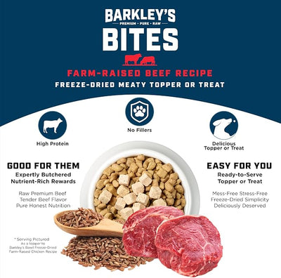 Barkley’s Bag Beef Bites, Freeze Dried Dog Treats & Food Topper, Made w/Beef, Barley, and Quinoa, Small Bite-Sized Pieces for Training Rewards, for All Dog Breeds, Ages & Sizes, 4 Oz Bag (1 Pack)
