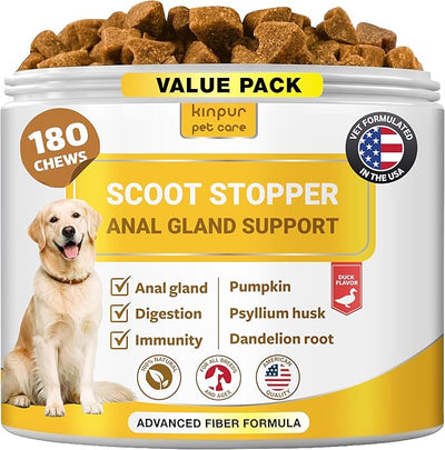 Dog Anal Gland Chews – No Scoot for Dogs with Pumpkin for Dogs, Fiber & Prebiotics – Anal Gland Support, Dog Probiotics for Digestive Health & Dog Digestive Support – 180 Duck Chews