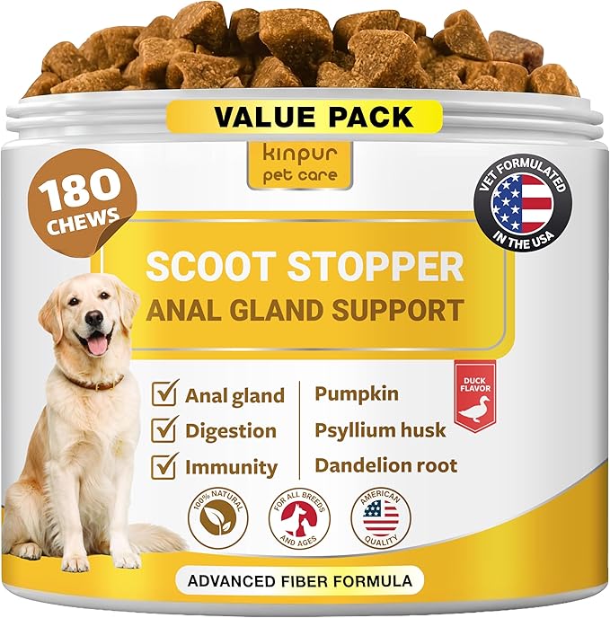 Dog Anal Gland Chews – No Scoot for Dogs with Pumpkin for Dogs, Fiber & Prebiotics – Anal Gland Support, Dog Probiotics for Digestive Health & Dog Digestive Support – 180 Duck Chews