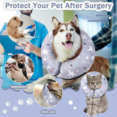 Recovery Donut Collar for Dogs & Cat,Inflatable Dog Cone Collar Alternative After Surgery,Soft Cone for Large Medium Small Dog,Adjustable Pet Neck Donut(Grey Star,Medium+
