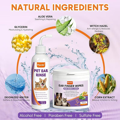Pjordo Pet Ear Cleaner Set - Dog Ear Cleaner with Aloe Vera & Witch Hazel, Dog & Cat Ear Cleaner Solution for Soothing Ear Itching & Deodorize, Ear Wipes for Dogs & Cat Gently Removing Ear Wax & Dirt